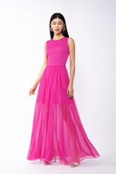 Rochie din voal cu amestec de matase si spate decupat fucsia