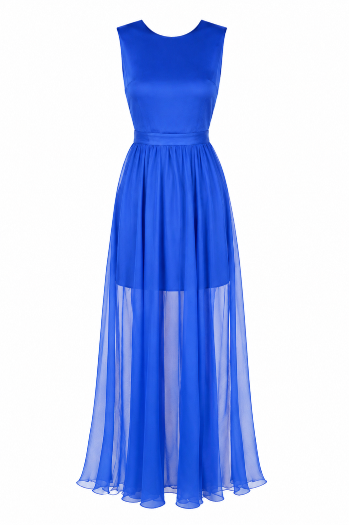 Rochie din voal cu amestec de matase si spate decupat blue
