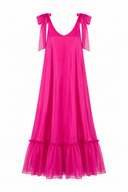 Rochie lunga vaporoasa din matase cu esarfe Fucsia