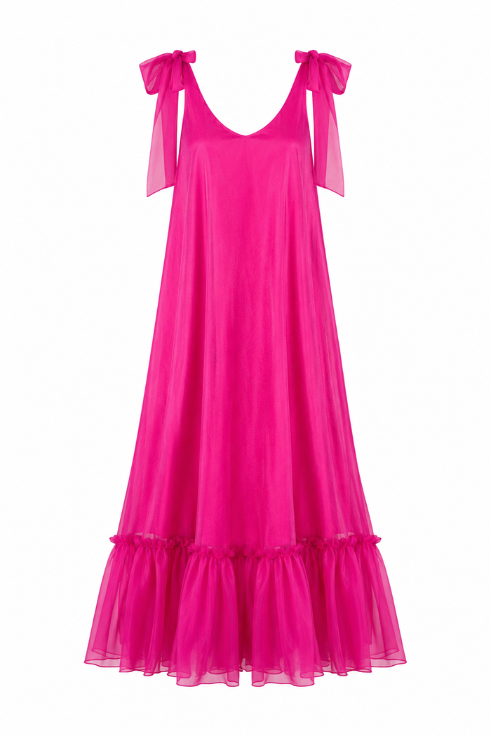 Rochie lunga vaporoasa din matase cu esarfe Fucsia