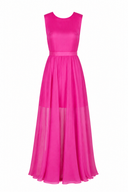 Rochie din voal cu amestec de matase si spate decupat fucsia