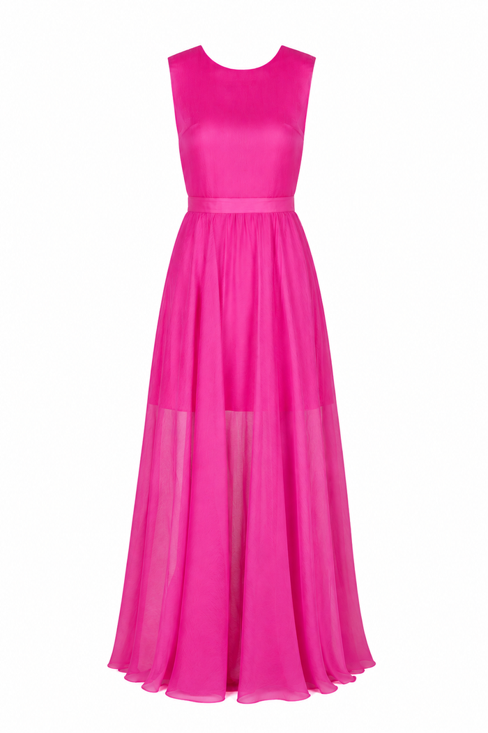 Rochie din voal cu amestec de matase si spate decupat fucsia