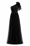 Asymmetrical silk dress with one accessorized shoulder