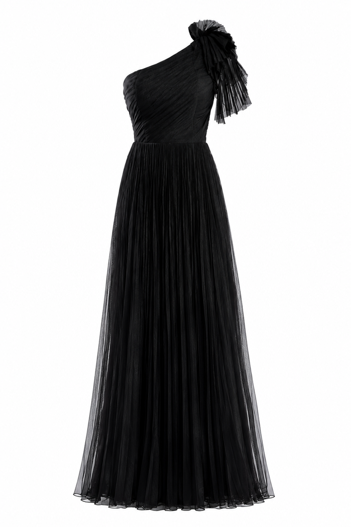 Rochie asimetrica din matase peliculizata cu un umar accesorizat