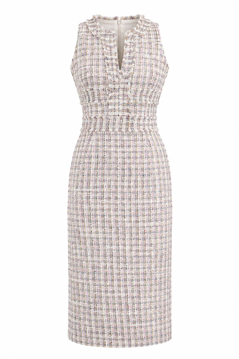 Rochie midi pastel din tweed cu guler inalt
