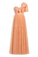 Long dress in soft tulle with ample ruffles and draped bust