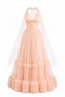 Long tulle dress with overlapping ruffles