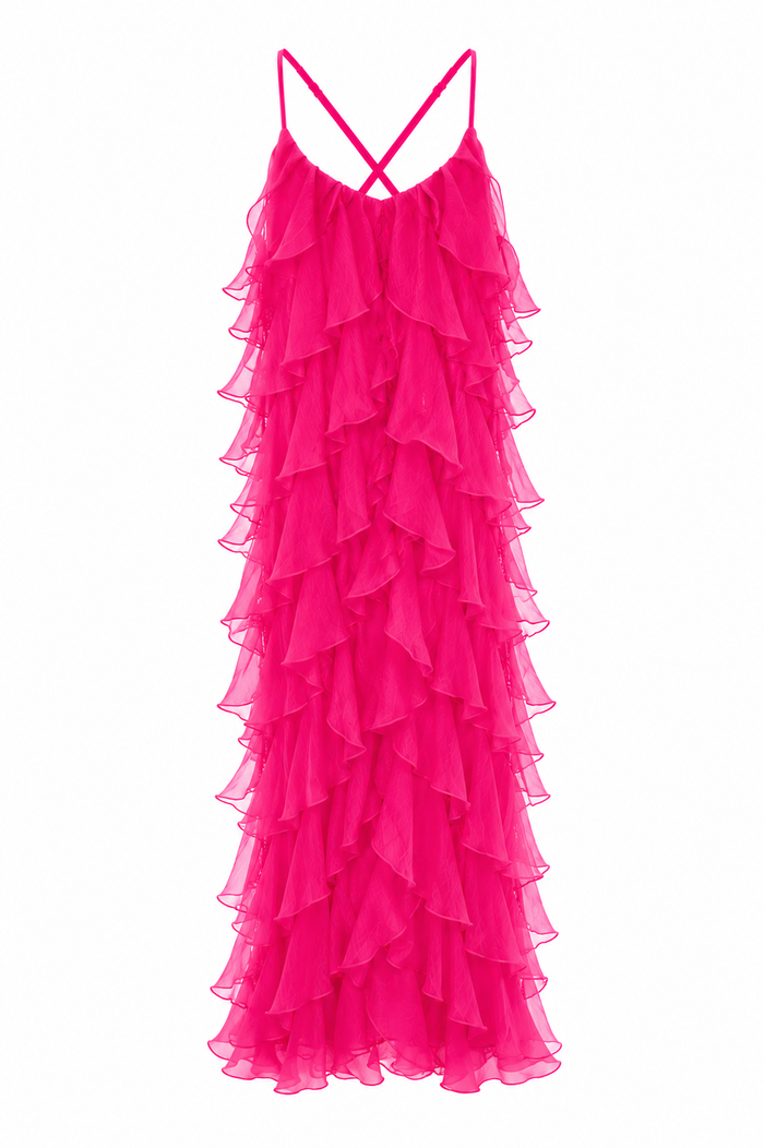 Rochie maxi cu volane din amestec de matase Lucky Fucsia