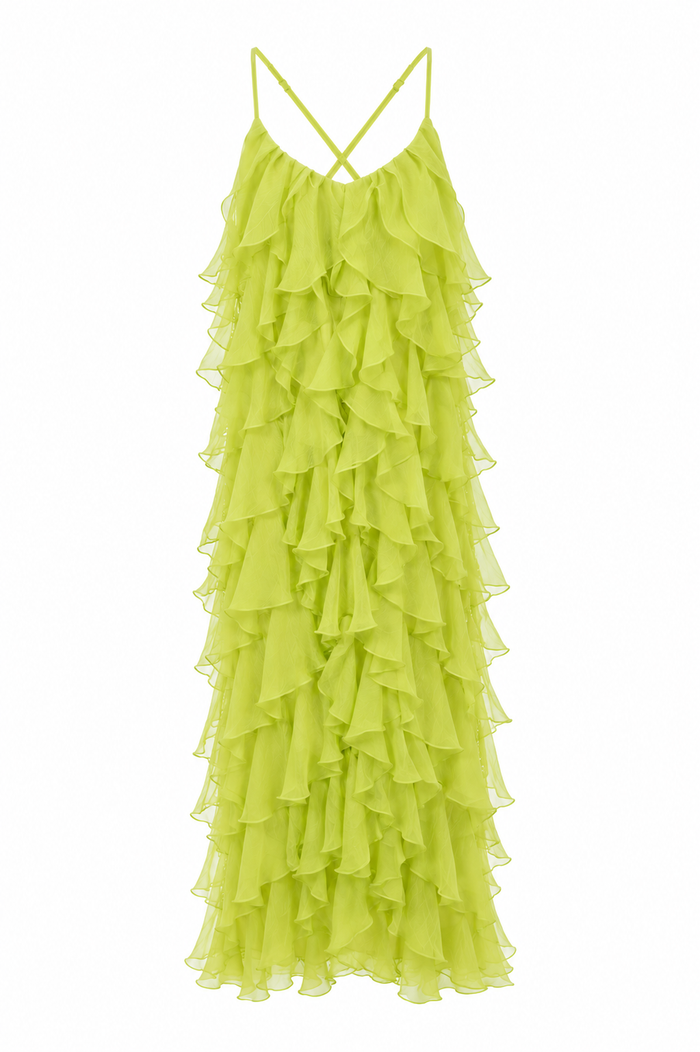 Rochie maxi cu volane din amestec de matase Lucky Lime
