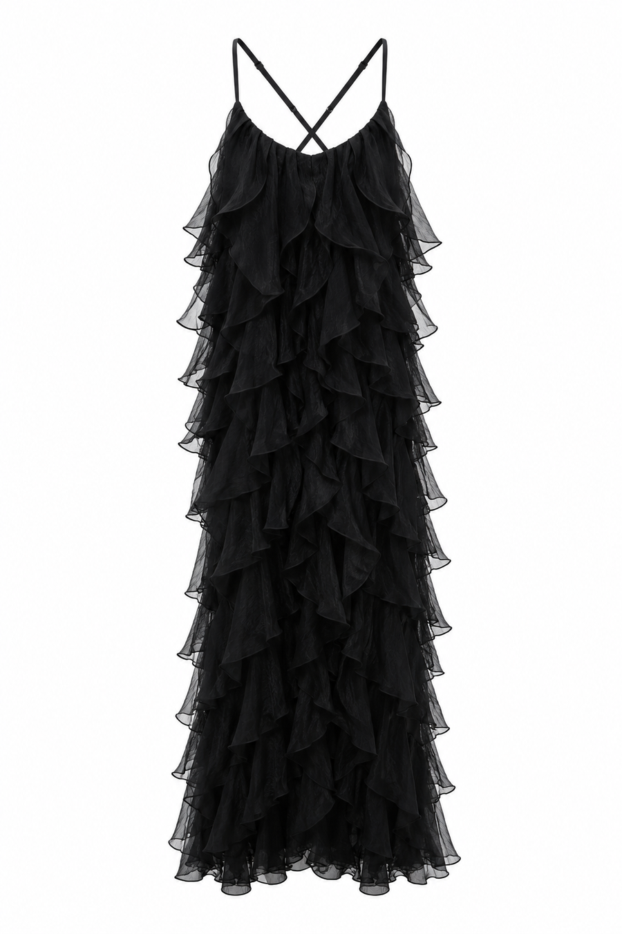 Rochie maxi cu volane din amestec de matase Lucky Black