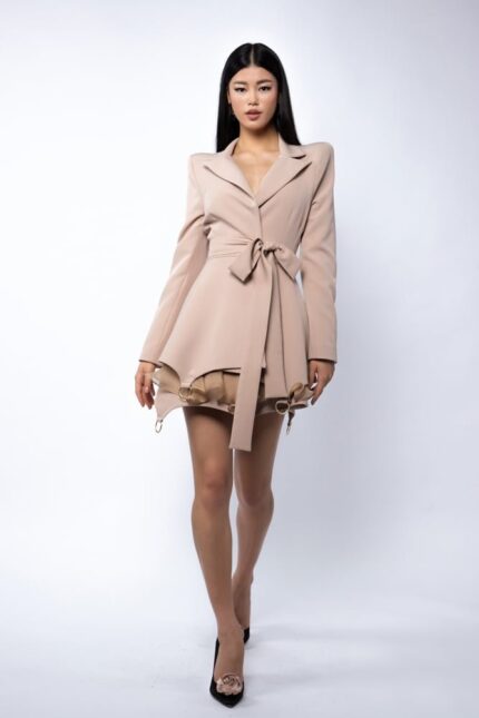 Fusta mini cu volane din matase si inele metalice Nude - imagine 2