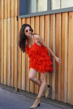 Rochie mini Lucky cu volane din amestec de matase Red - imagine 5