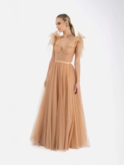 Rochie lunga din tulle cu bretele funda