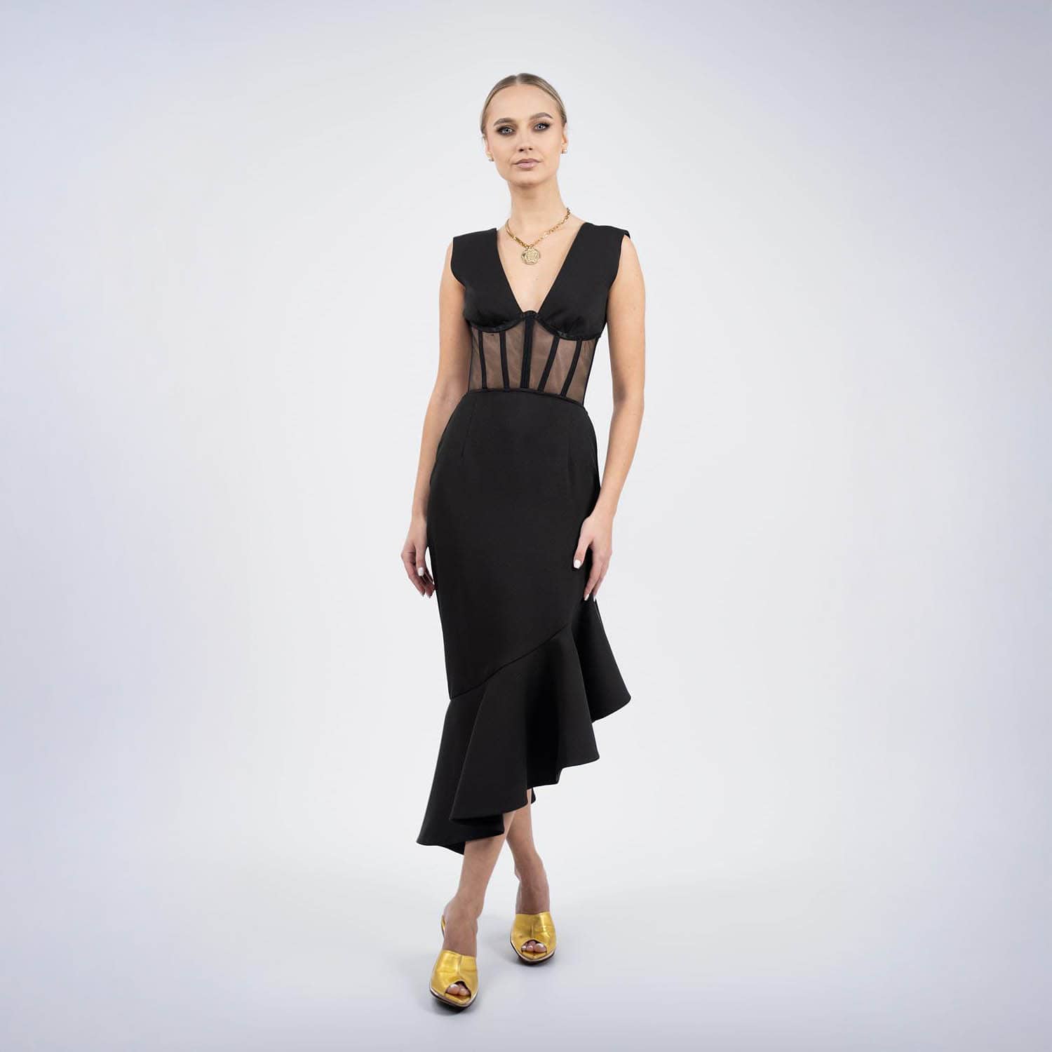 Rochie midi asimetrica cu corset semitransparent