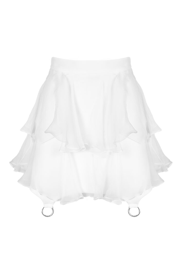 Fusta mini cu volane din matase si inele metalice White - imagine 2