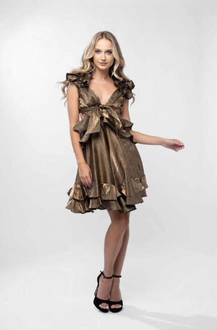 Rochie cu decupaje si volane Dark Gold - imagine 3