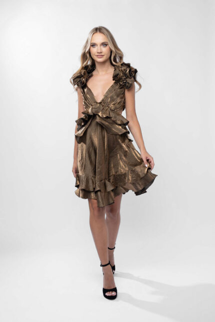 Rochie cu decupaje si volane Dark Gold - imagine 5