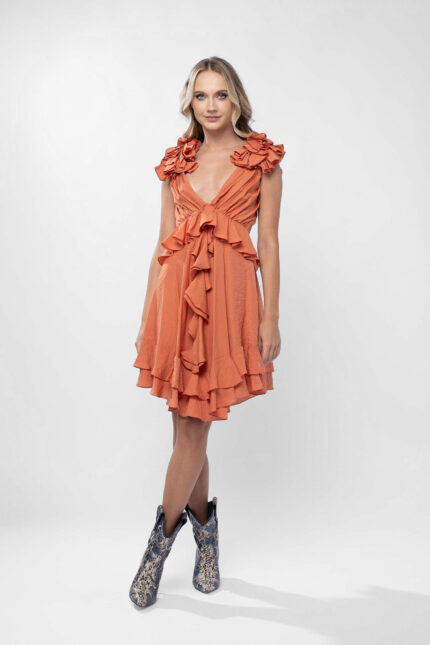 Rochie cu decupaje si volane Burnt Orange - imagine 4