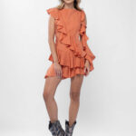 Rochie mini Burnt Orange asimetrica cu volane