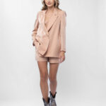 Costum sacou lejer din in peliculizat cu pantaloni scurti Beige Light