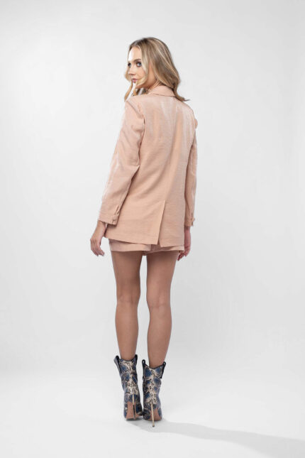 Costum sacou lejer din in peliculizat cu pantaloni scurti Beige Light - imagine 4