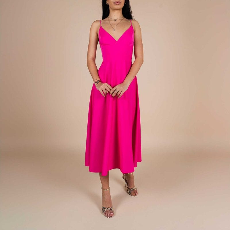 Rochie Lurisia Dark Hot Pink midi cu decolteu V si bretele subtiri (1)