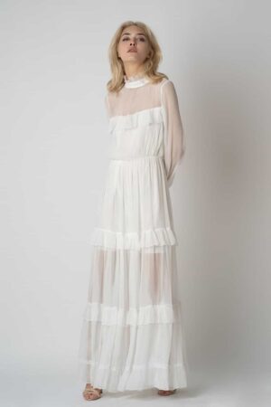 Rochie lunga  cu volane  si guler inalt