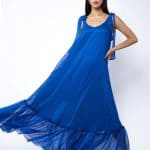 Rochie Lunga Vaporoasa cu Volan și Funde la Umeri Blue