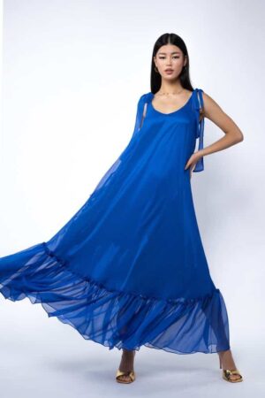 Rochie Lunga Vaporoasa cu Volan și Funde la Umeri Blue