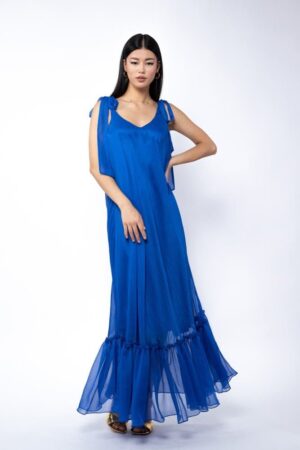 Rochie Lunga Vaporoasa cu Volan și Funde la Umeri Blue - imagine 2