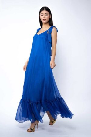 Rochie Lunga Vaporoasa cu Volan și Funde la Umeri Blue - imagine 3