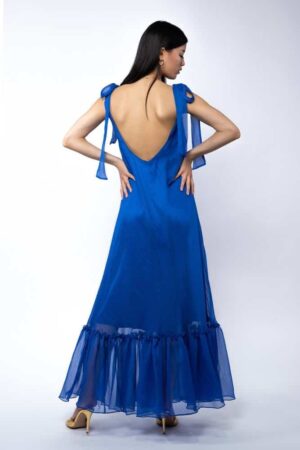 Rochie Lunga Vaporoasa cu Volan și Funde la Umeri Blue - imagine 4