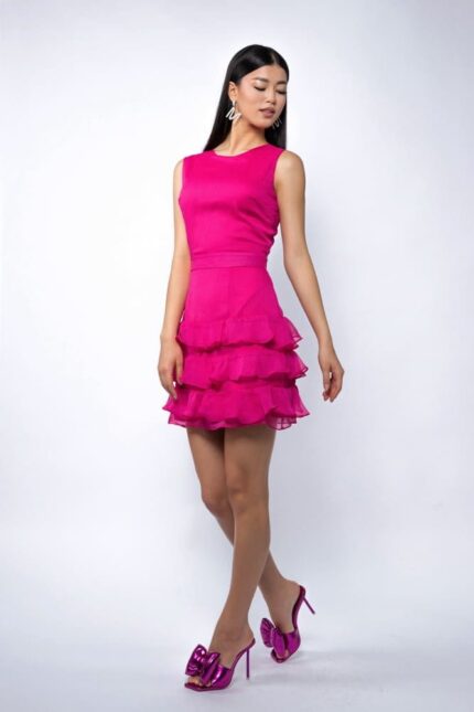 Rochie Pixie de Mătase fără Mânecă cu Volan și Spate Peekaboo Fuchsia - imagine 4
