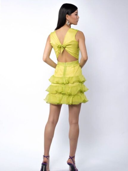 Rochie Pixie de Mătase fără Mânecă cu Volan și Spate Peekaboo