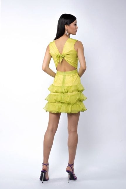 Rochie Pixie de Mătase fără Mânecă cu Volan și Spate Peekaboo