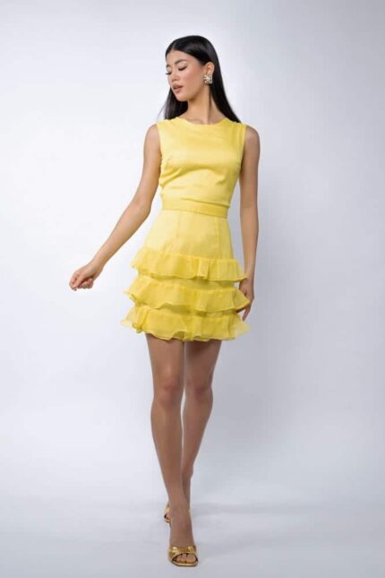Rochie Pixie de Mătase fără Mânecă cu Volan și Spate Peekaboo Yellow - imagine 3