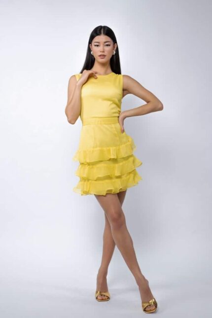 Rochie Pixie de Mătase fără Mânecă cu Volan și Spate Peekaboo Yellow - imagine 5