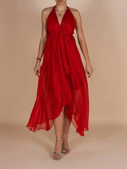 Rochie Edalie Red Halter Midi din Voal