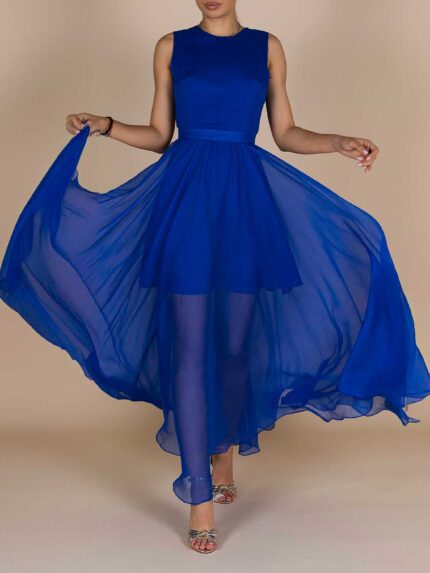 Rochie Trixie Blue cu Spate Gol și Fustă Semi-transparentă