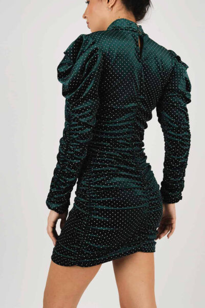 Rochie mini din catifea verde cu maneci bufante - imagine 2