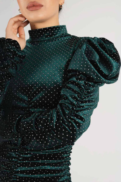 Rochie mini din catifea verde cu maneci bufante - imagine 5