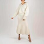 Set tricotat fusta și pulover ivory din lana - imagine 6