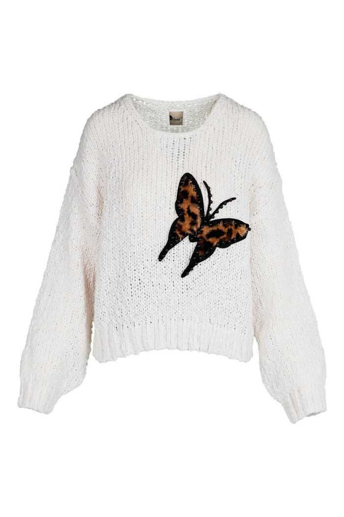 Pulover alb moale si calduros cu detaliu fluture - imagine 1