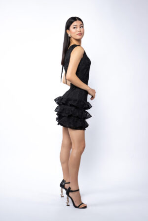 Rochie Pixie matase brodata cu volan și spate peekaboo Black - imagine 2