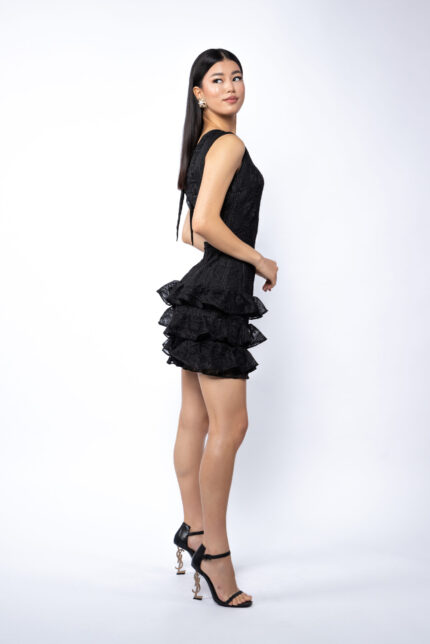 Rochie Pixie matase brodata cu volan și spate peekaboo Black - imagine 2