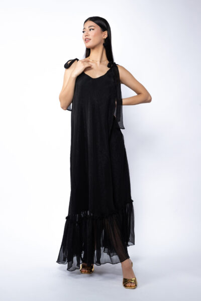 Rochie Lunga Vaporoasa cu Volan și Funde la Umeri Black - imagine 2