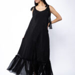 Rochie Lunga Vaporoasa cu Volan și Funde la Umeri Black