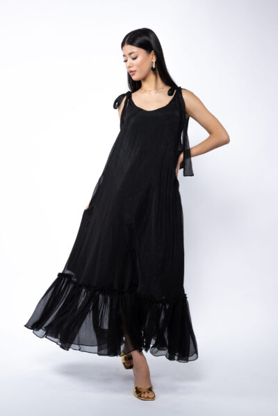 Rochie Lunga Vaporoasa cu Volan și Funde la Umeri Black