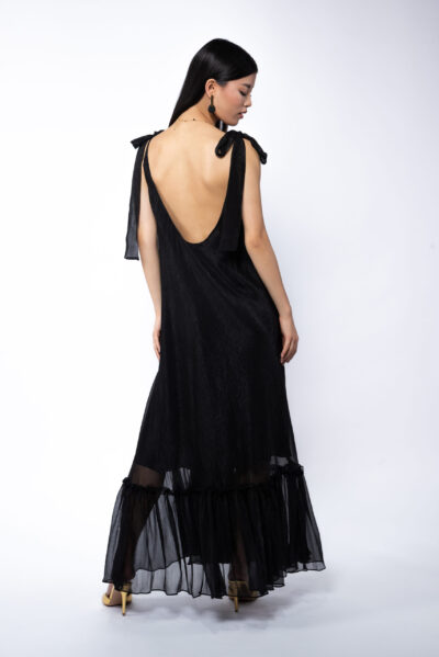 Rochie Lunga Vaporoasa cu Volan și Funde la Umeri Black - imagine 3