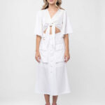 Rochie din in cu top petrecut si fusta midi cu buzunare